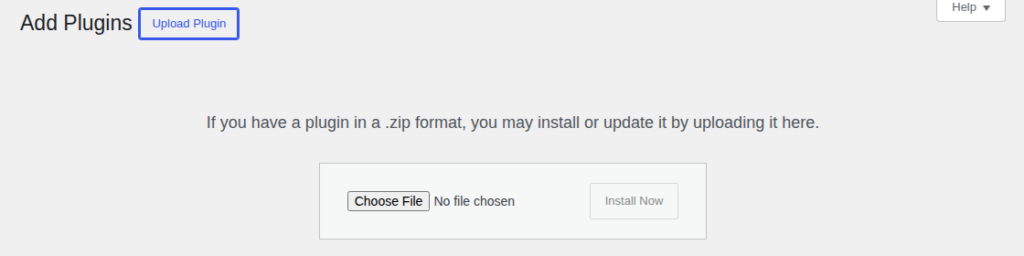 The WordPress Add Plugins screen with the Upload Plugin box